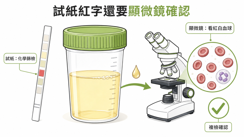 尿液試紙紅字仍需顯微鏡與複檢確認
