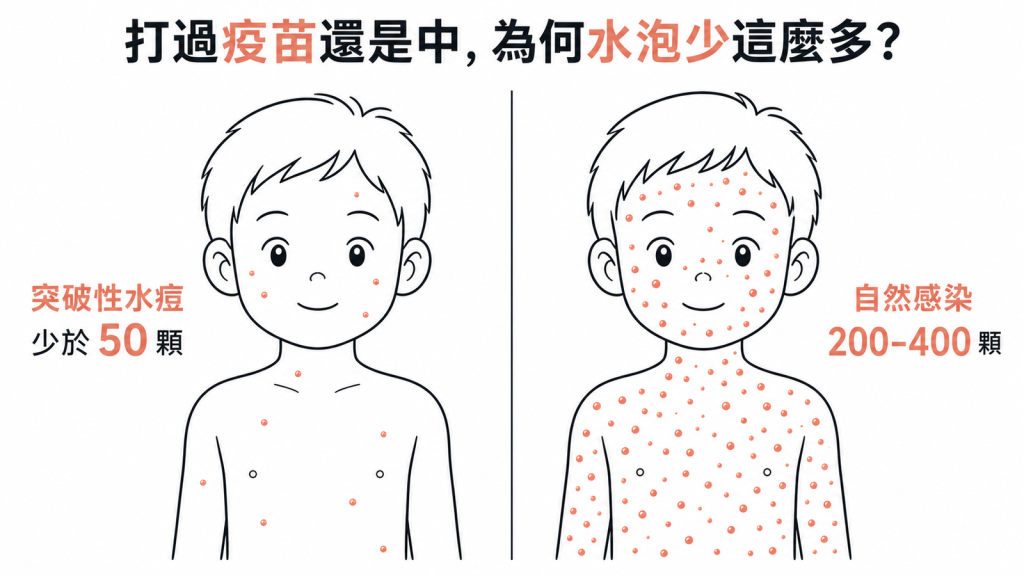 突破性水痘水泡少於50顆,自然感染達200至400顆