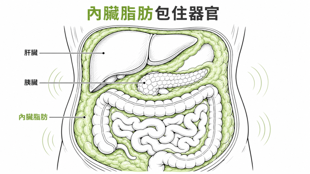 內臟脂肪包圍腹腔器官線稿剖面圖
