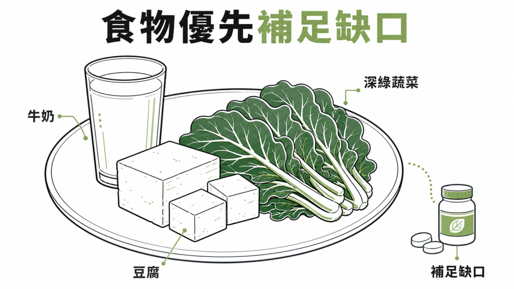 鈣質應優先從均衡飲食取得並適量補充
