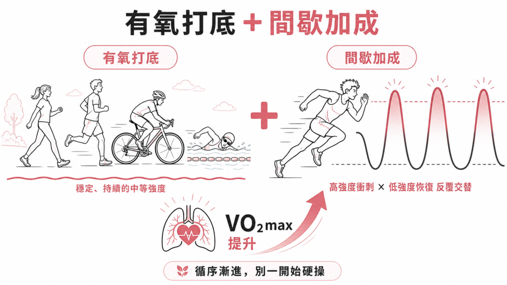 有氧運動打底加上高低強度交替的間歇訓練，雙管齊下逼高VO2max，循序漸進