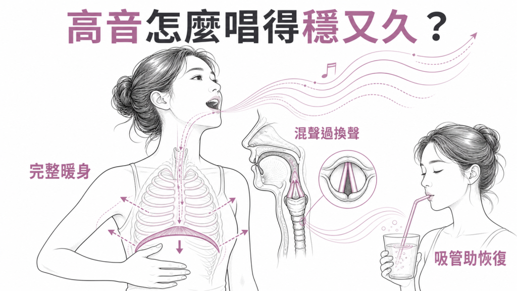 每日練聲流程示意圖：完整暖身、混聲通過換聲點、吸管發聲助恢復，讓高音唱得穩又久