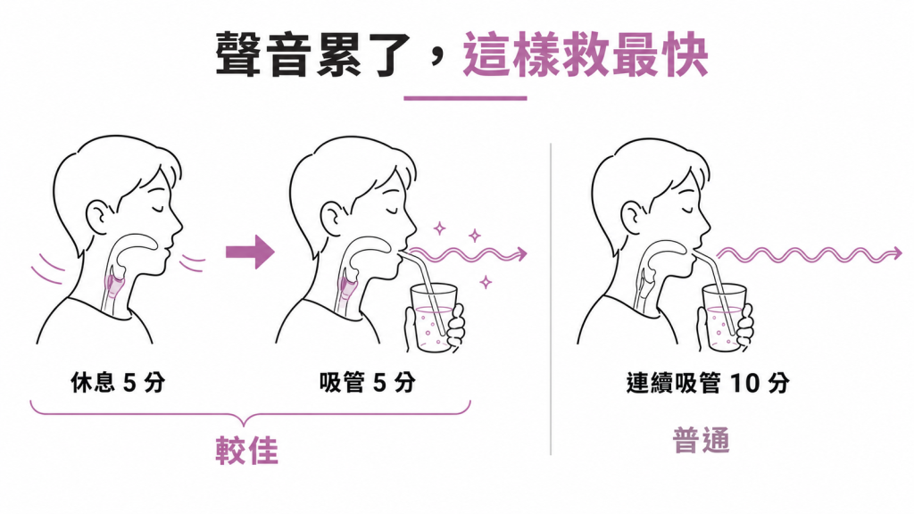 聲音疲勞恢復對比：先休息 5 分鐘再吸管發聲 5 分鐘較佳，優於連續吸管 10 分鐘