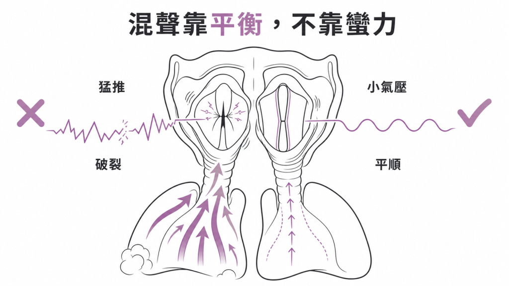 混聲對比示意：猛推大氣壓造成破音，小氣壓平衡讓聲帶平行、音色平順