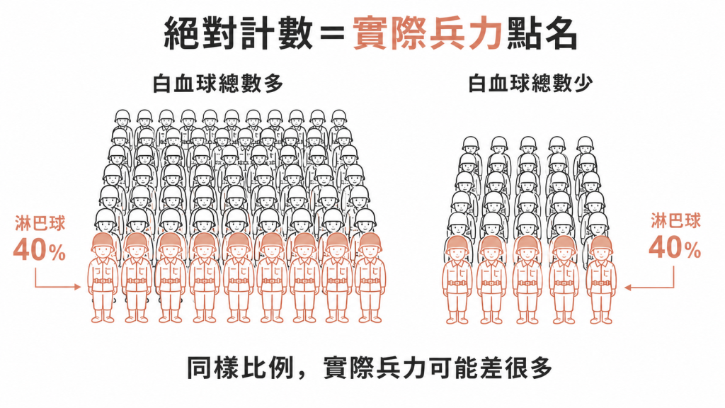 絕對計數像實際兵力點名，兩人淋巴球都佔40%但白血球總數不同時，實際細胞數量可能差一半，比百分比更能反映真實狀況