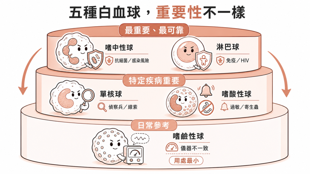 五種白血球臨床價值不平等：嗜中性球淋巴球最重要最可靠、單核球嗜酸性球特定疾病重要、嗜鹼性球因儀器不一致日常用處最小