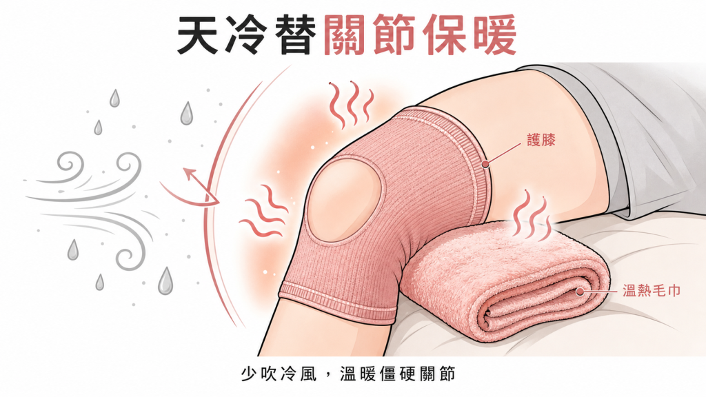 天冷用護膝與溫熱毛巾替關節保暖放鬆僵硬組織少吹冷風