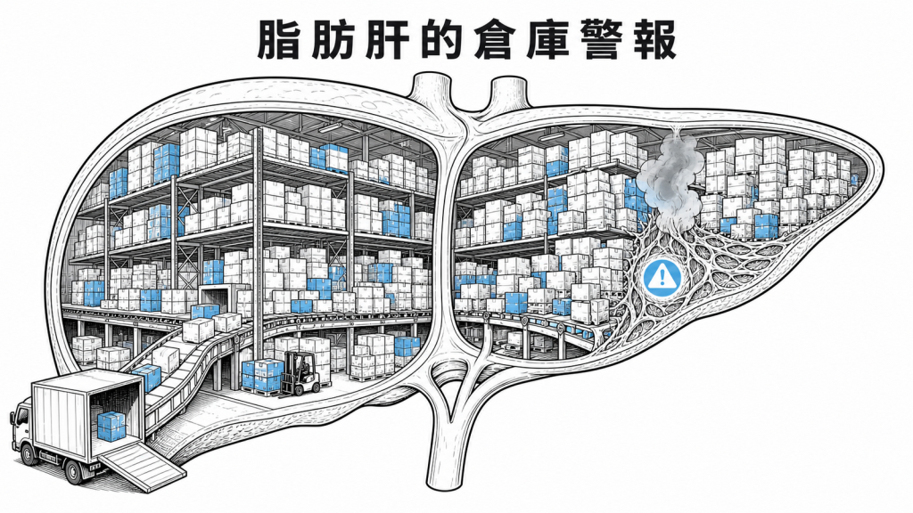脂肪堆積引發肝臟發炎與纖維化的線稿示意圖