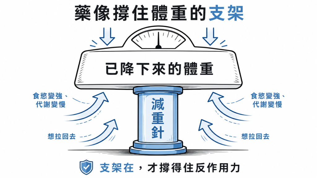 減重針像撐住已降下來體重的支架，對抗食慾變強代謝變慢想把體重拉回去的力量