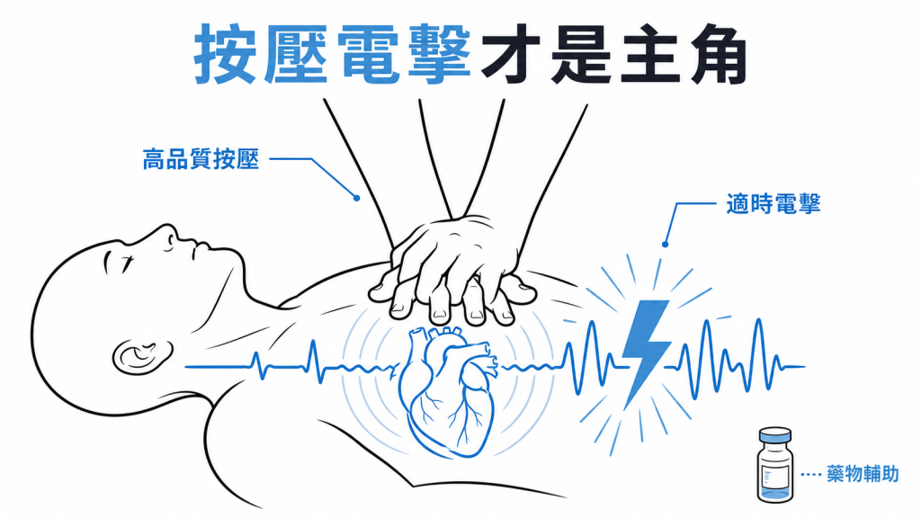 高品質按壓與適時電擊是心跳停止急救主軸,藥物僅為輔助