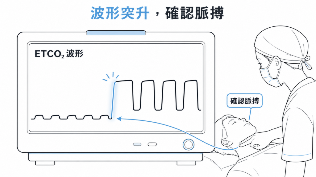 ETCO₂ 波形突升時應立即確認脈搏