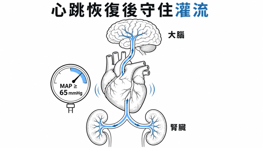 恢復心跳後維持 MAP 至少 65 mmHg 以保護大腦與腎臟灌流
