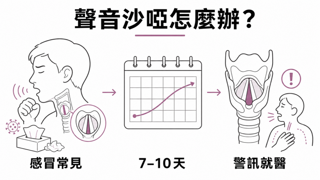 聲音沙啞常見原因、7至10天恢復期與就醫警訊圖解