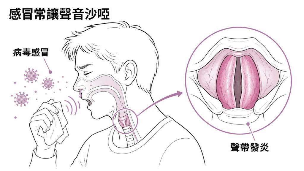 病毒感冒引起聲帶發炎與聲音沙啞圖解
