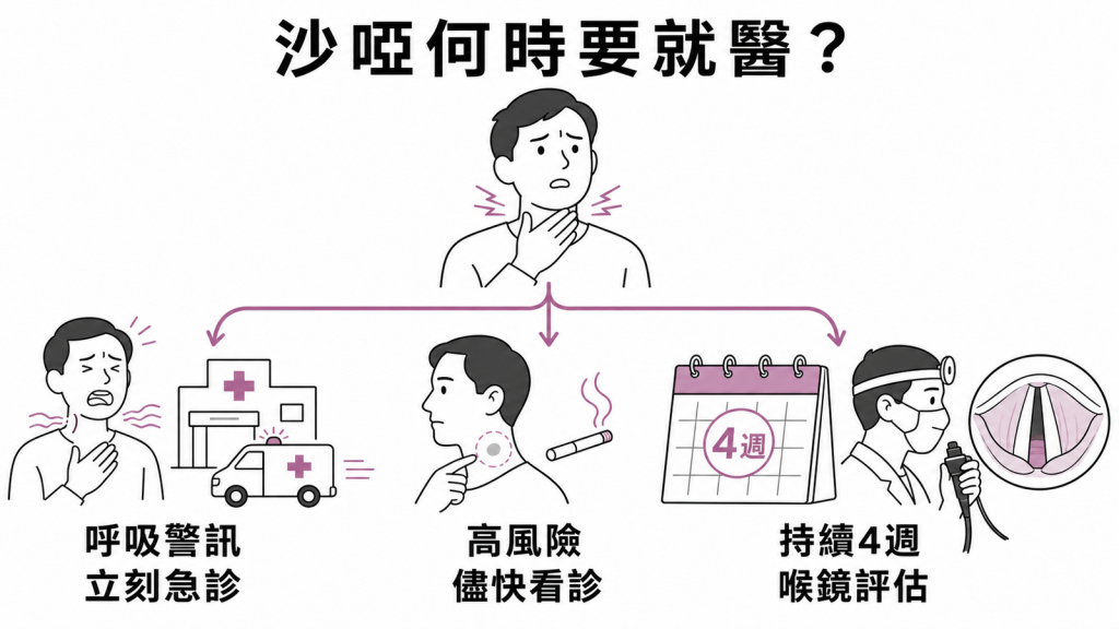 聲音沙啞的急診、門診與喉鏡評估時機圖解
