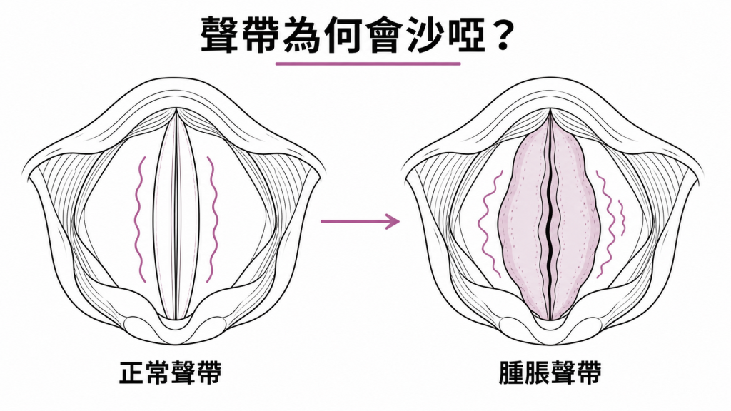 正常聲帶與發炎腫脹聲帶的震動差異圖解