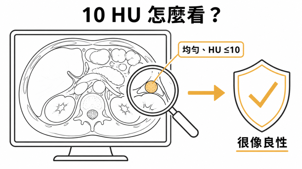均勻且未增強電腦斷層 HU 不超過 10 的腎上腺結節很像良性腺瘤