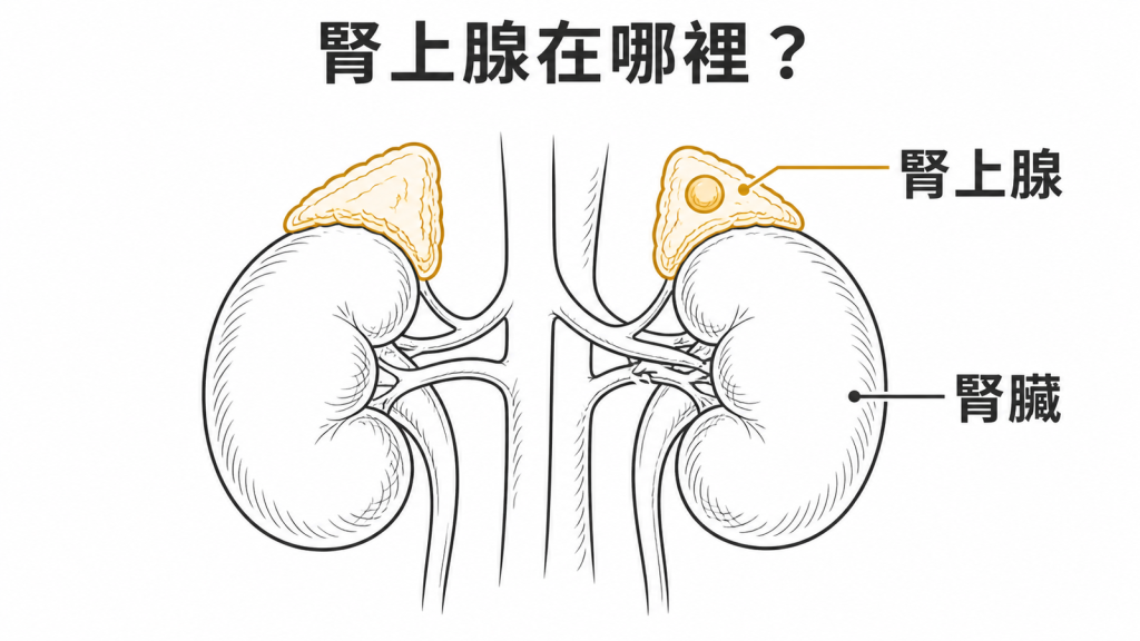 腎上腺位於兩側腎臟上方,其中一側可見小結節