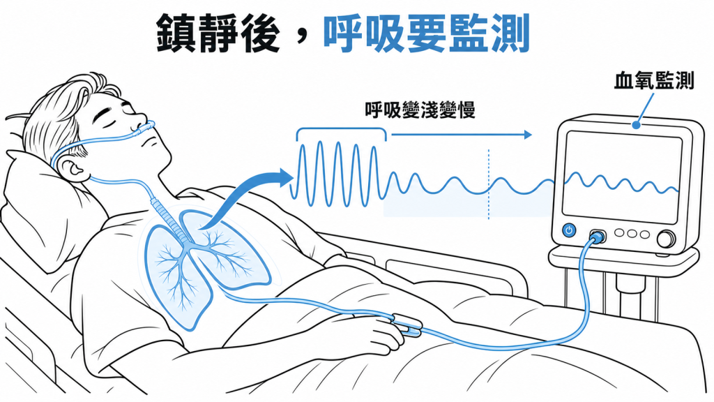 鎮靜後呼吸變淺變慢，需要血氧監測的示意圖