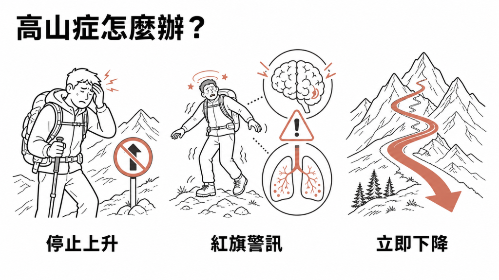 高山症停止上升、辨認紅旗警訊並立即下降的急救圖解