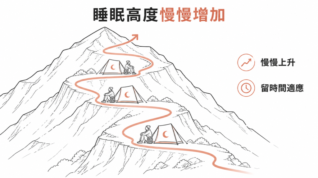 逐步增加睡眠高度並留時間適應的高山症預防示意圖