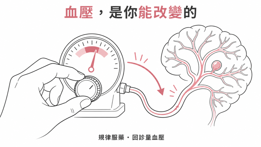 血壓與腦動脈瘤示意圖：規律服藥、回診量血壓是追蹤策略中自己能主動掌握的一環