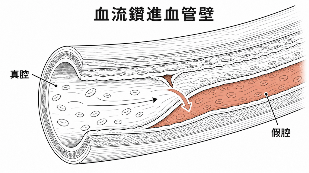 主動脈內層裂口讓血流鑽入血管壁並形成真假腔圖解