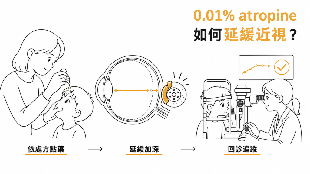 依處方點 0.01% 低濃度 atropine 眼藥水延緩兒童近視加深、並定期回診追蹤的資訊圖