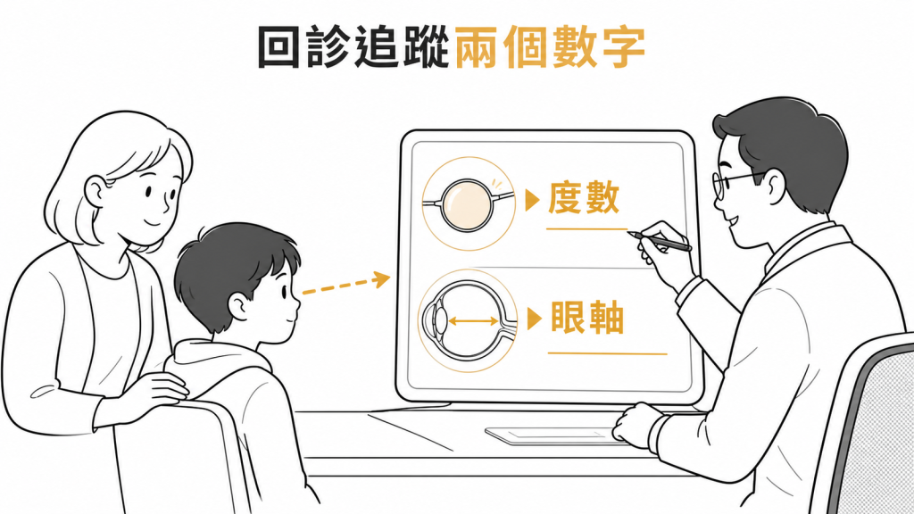 回診時追蹤度數與眼軸長度兩個數字的示意圖