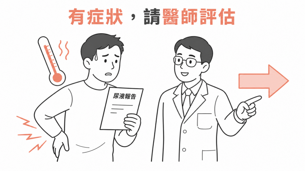 尿液有細菌又出現頻尿、灼熱、發燒或腰痛時，應由醫師評估