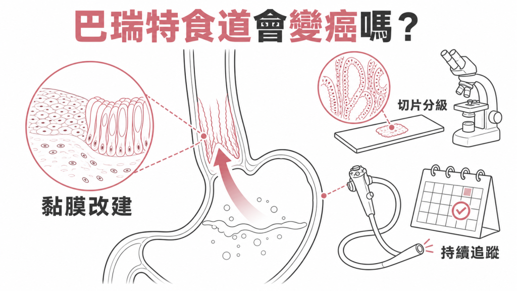 巴瑞特食道治療資訊圖：食道下段黏膜改建、切片分級與內視鏡持續追蹤