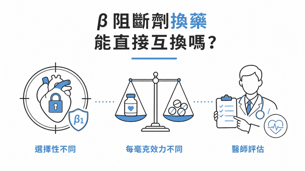 β阻斷劑換藥時，心臟選擇性、每毫克效力與醫師評估示意圖