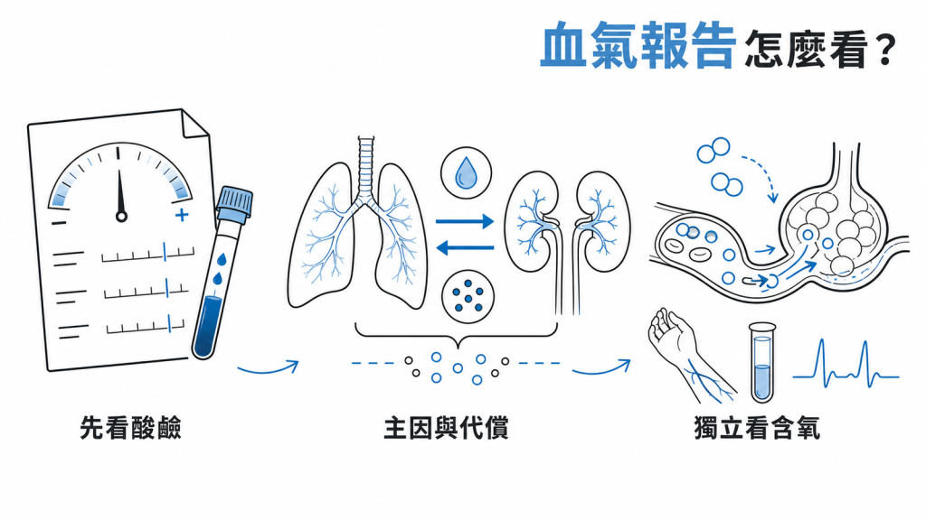 血液氣體分析判讀三步驟資訊圖：先看酸鹼值、再看肺與腎的主因與代償、最後獨立評估含氧
