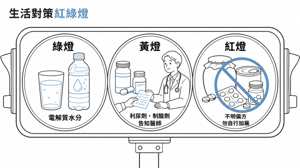 血液氣體異常的生活對策紅綠燈：補充電解質水分為綠燈、長期用利尿劑與制酸劑為黃燈、來路不明偏方與自行加量藥物為紅燈