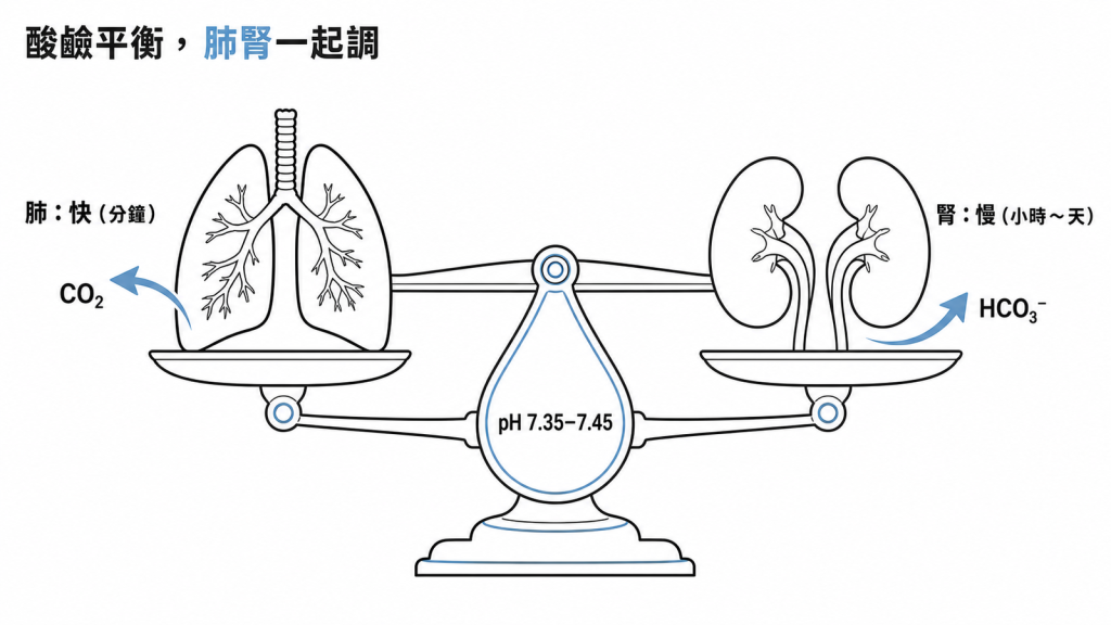 酸鹼平衡天平示意圖：肺以分鐘為單位排出二氧化碳、腎臟以小時到天調整重碳酸鹽，共同維持 pH 7.35 到 7.45