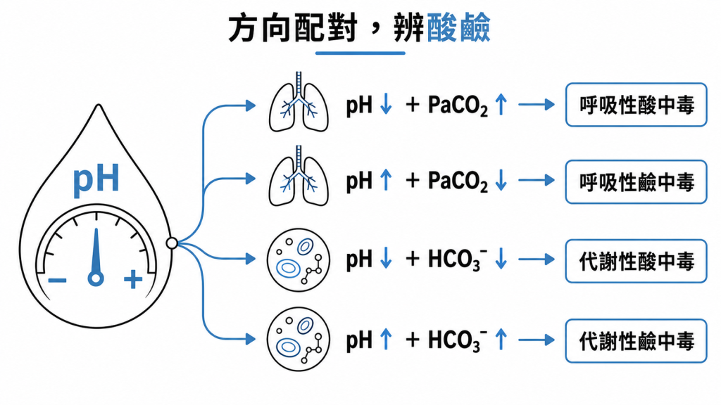 血液氣體判讀配對示意圖：pH 方向搭配二氧化碳與重碳酸鹽的升降，分辨呼吸性或代謝性酸鹼中毒