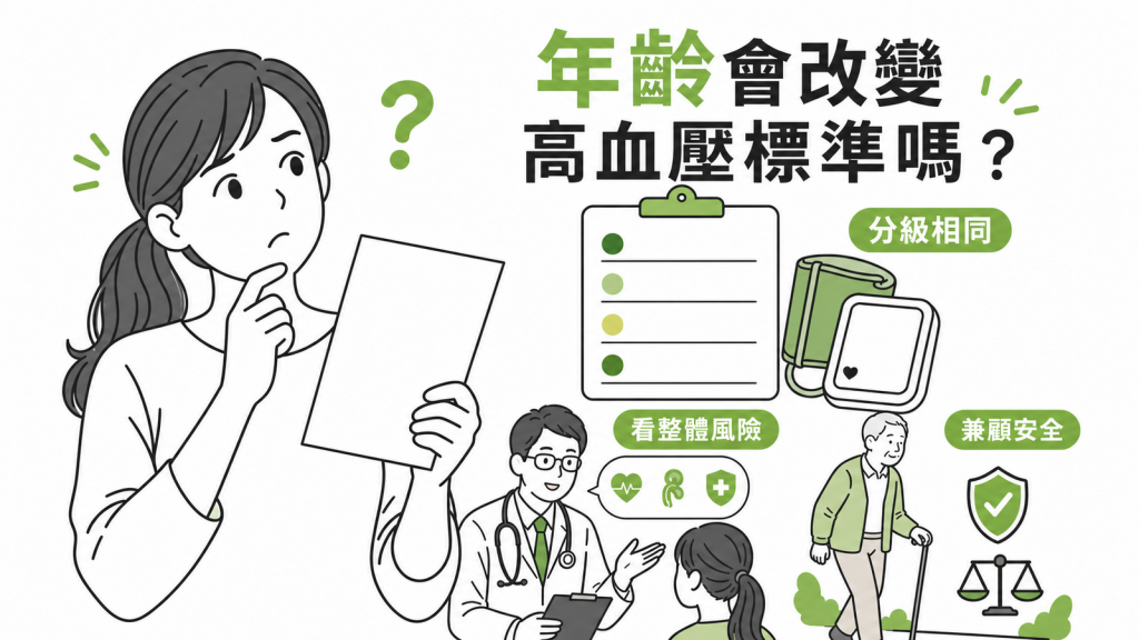 高血壓標準與年齡、整體風險及長者安全的關係圖