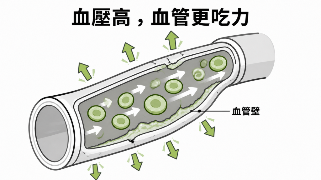 血壓長期偏高使血管壁承受較大壓力的示意圖