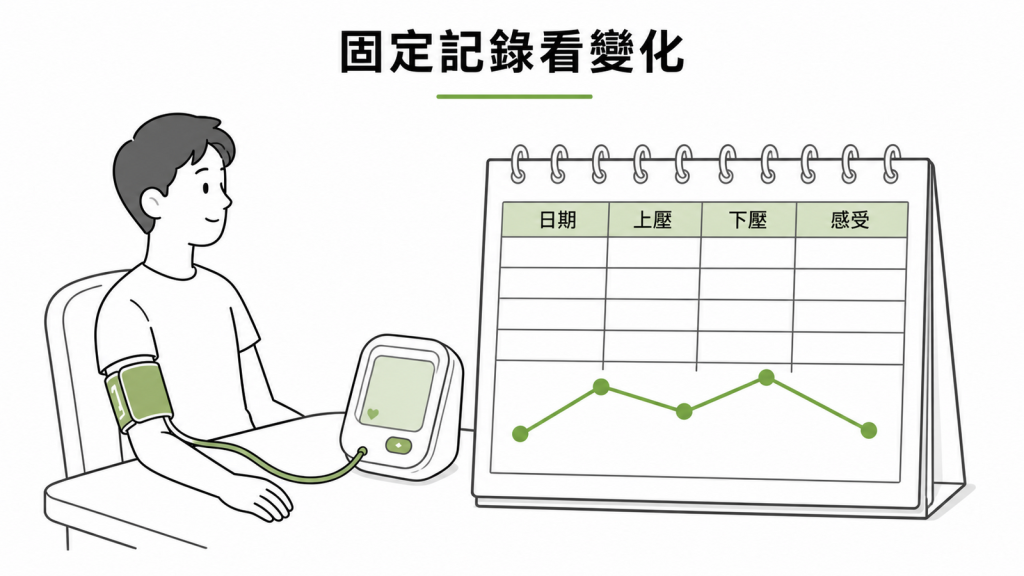 固定量血壓並記錄日期、收縮壓、舒張壓與感受的示意圖