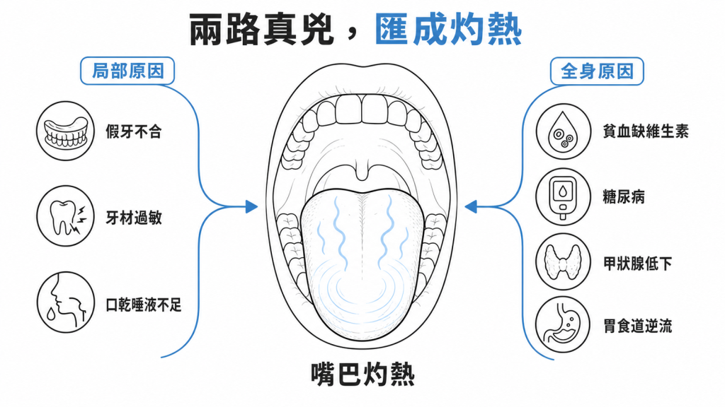 嘴巴灼熱真兇分兩條線:局部原因(假牙不合、牙材過敏、口乾唾液不足)與全身原因(貧血或缺維生素、糖尿病、甲狀腺低下、胃食道逆流)