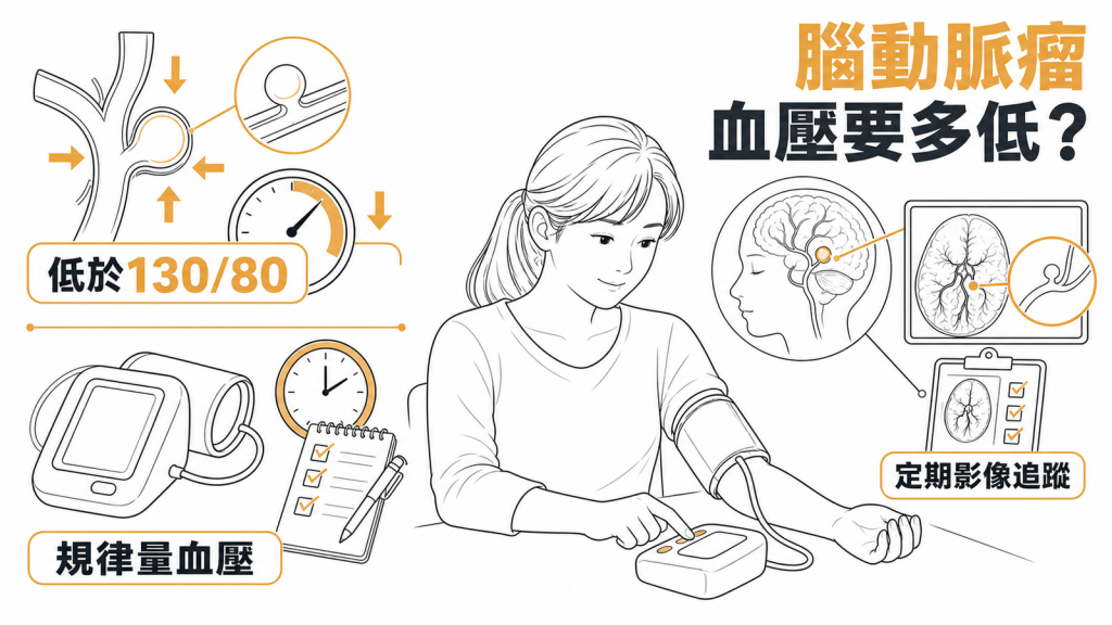 未破裂腦動脈瘤的血壓目標資訊圖:控制在 130/80 mmHg 以下,規律量血壓並定期影像追蹤