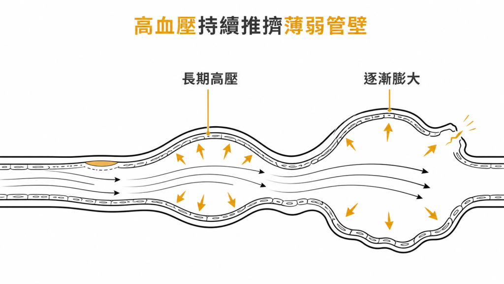 長期高血壓持續推擠薄弱管壁,動脈瘤逐漸膨大後才可能破裂