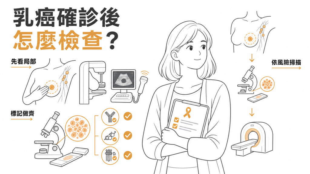 乳癌初步檢查資訊圖:先做乳房攝影與超音波看局部、病理把 ER/PR/HER2 標記做齊,再依風險決定要不要全身掃描