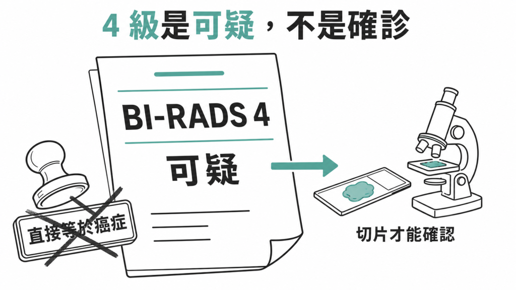BI-RADS 4 代表可疑,需切片才能確認診斷