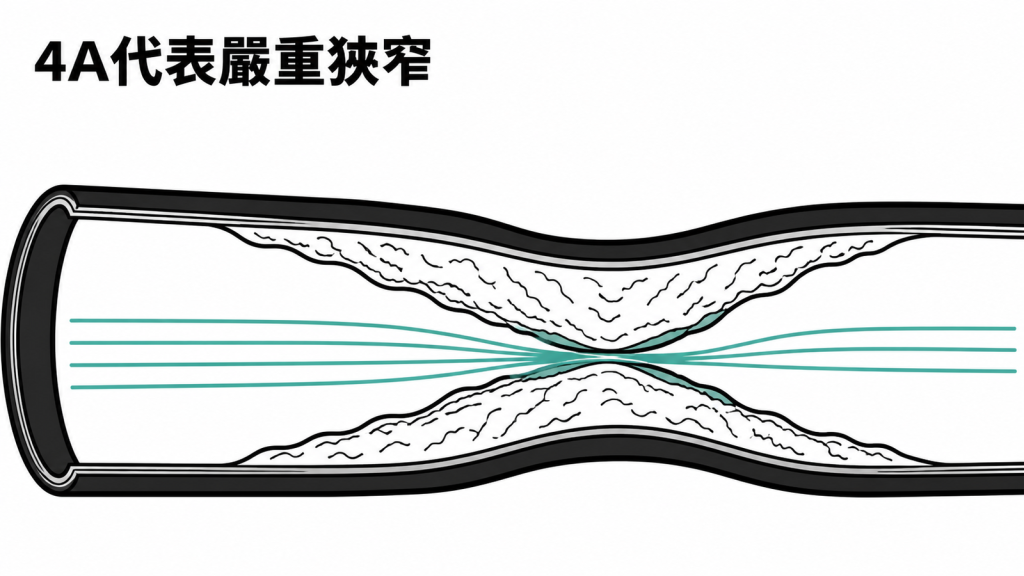 CAD-RADS 4A代表冠狀動脈嚴重狹窄示意圖