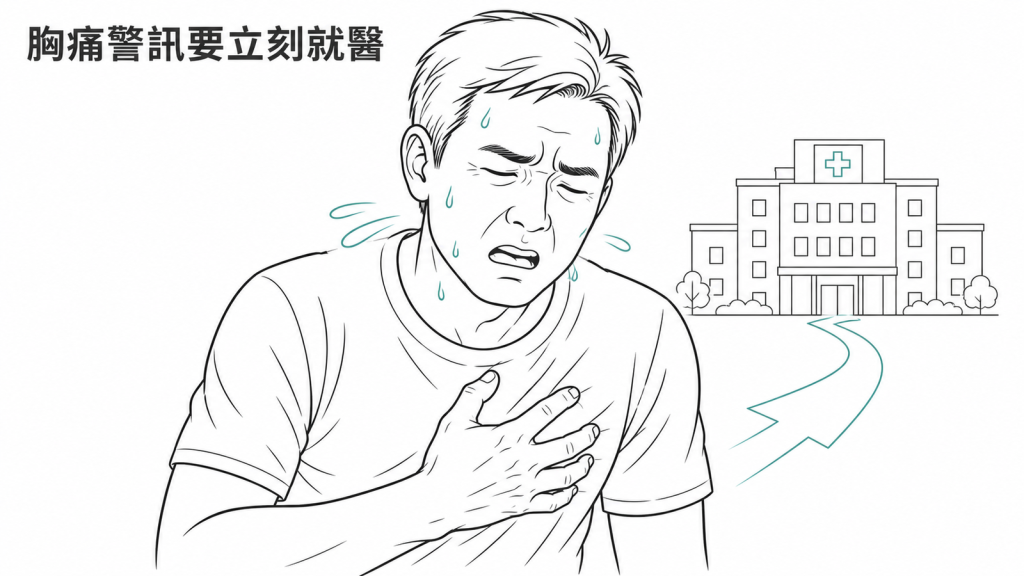 胸痛合併冒冷汗或呼吸困難應立即就醫示意圖