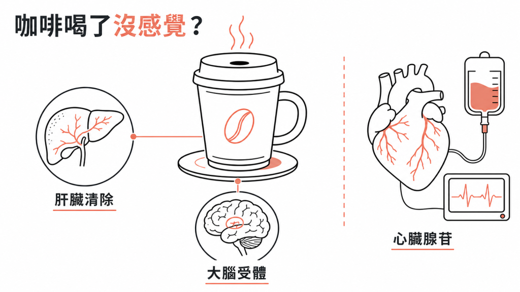 咖啡因不敏感的肝臟清除、大腦受體與心臟腺苷差別