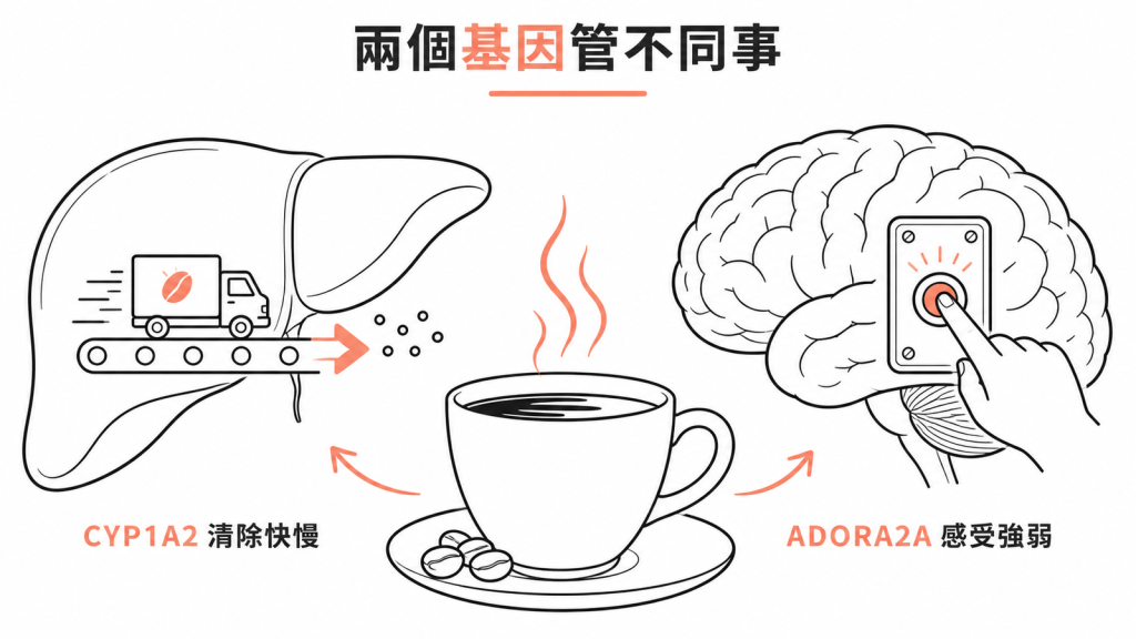 CYP1A2 影響咖啡因清除快慢，ADORA2A 影響大腦感受強弱