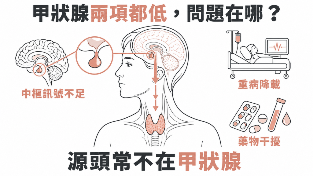 TSH 與 FT4 同時偏低的中樞性甲狀腺低下示意圖:腦下垂體訊號不足、重病降載與藥物干擾三大方向