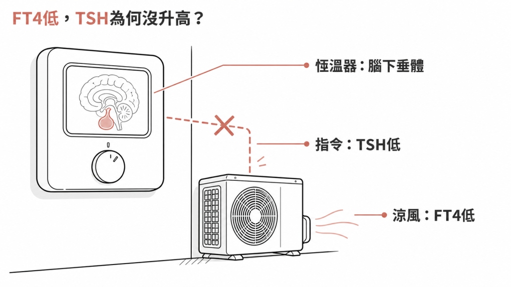 腦下垂體像恆溫器、甲狀腺像壓縮機的示意圖:FT4 低但 TSH 指令沒有發出